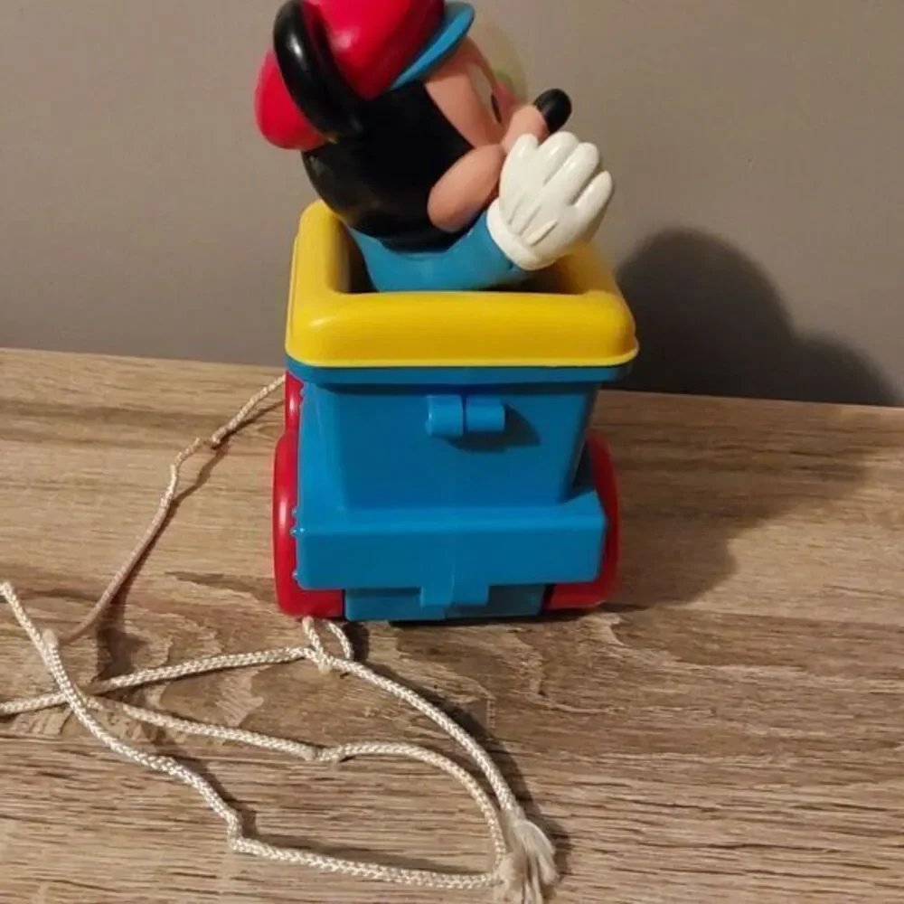 Vintage Plastic Disney Mickey Mouse on Train Pull‎ Toy Balls Pop Up when pulled